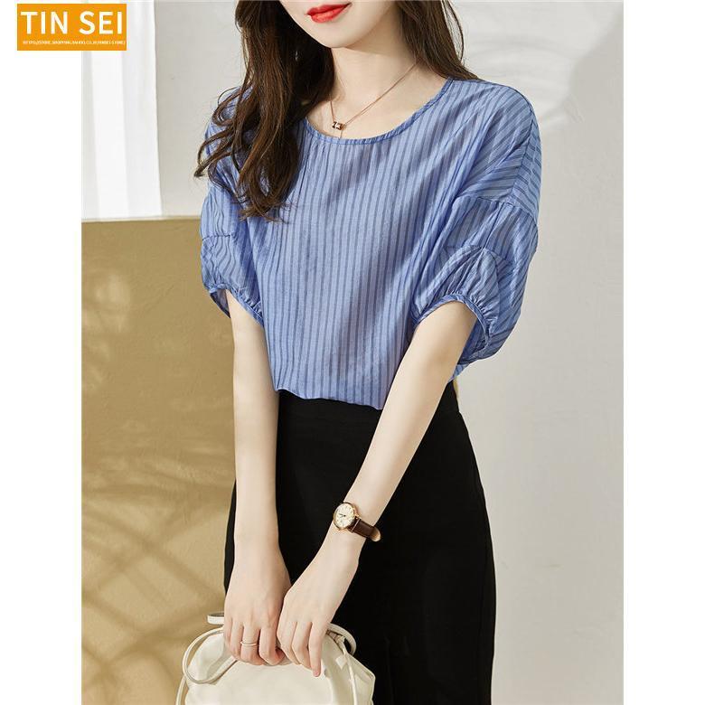 ブラウス レディース 夏 半袖 おしゃれ シフォンブラウス パフスリーブブラウス ストライプ柄 五分袖トップス 韓国風 通勤 ゆったりtシャツ 30代 40代