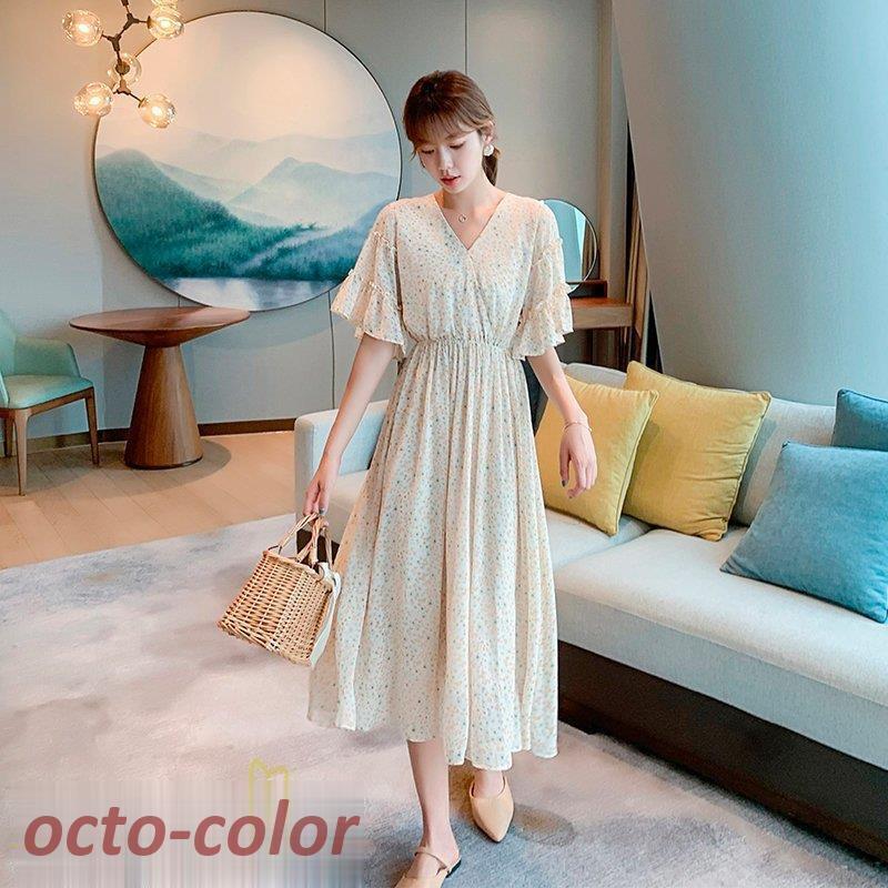 Aラインワンピース レディース 小花柄 半袖 Vネック おしゃれ ひざ下丈 膝 カジュアル ワンピース ミディアムワンピース シフォン エレガント レトロ風 女性着