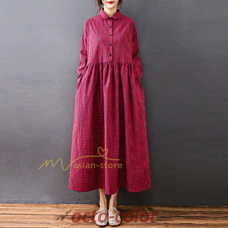 ワンピース レディース 春 コットンリネン 秋 ロングワンピース 長袖 体型カバー チェック柄 ゆったり 通勤 OL お出かけ 春秋 20代/30代/40代/50代/60代 上品