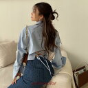背中開きトップス クロップド丈トップス ブルー ブラック トップス シャツ クロップド丈 袖あり 長袖 襟付き レースアップ バックリボン 前開き ボタン