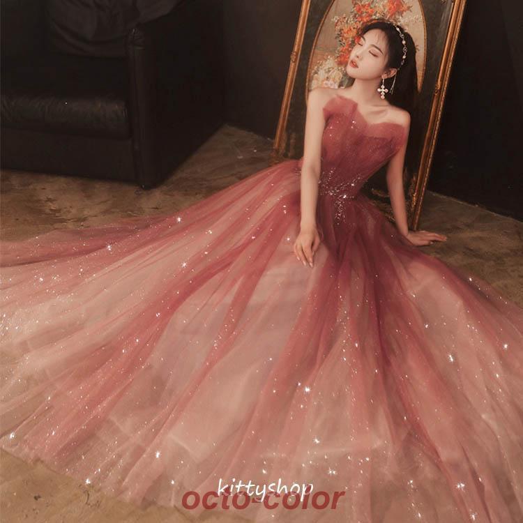 イブニングドレス ワイン赤 ゲストドレス 結婚式ドレス 二次会ドレス ワインレッド グラデーション ロ..