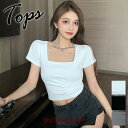 ミニTシャツトップス スクエアネック ミニ丈 半袖 へそ見え きれいめ 夏 無地 夏服 可愛い 韓国ファッション 韓国 春夏 sale