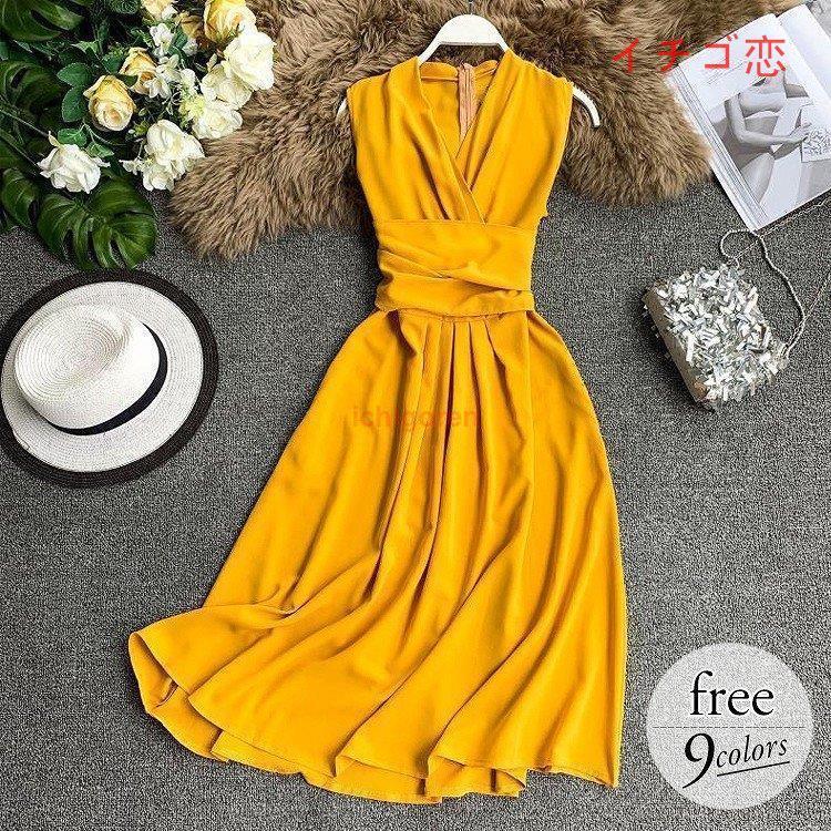 ワンピース レディース 大きいサイズ 夏 きれいめ イエロー ベージュ ピンク ブルー ブラック カシュクール ミセス(4)