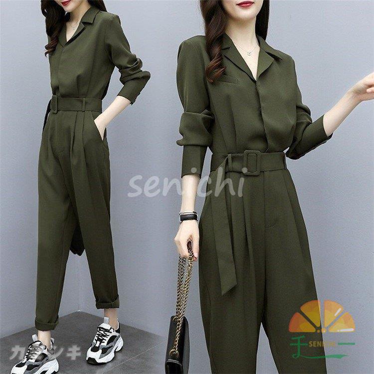 オールインワン ワンピース レディース 40代 きれいめ 春秋 長袖 上品 ロングパンツ Vネック 折り襟 大きいサイズ 韓国風 おしゃれ 通勤 着痩せ 可愛い OL 新品