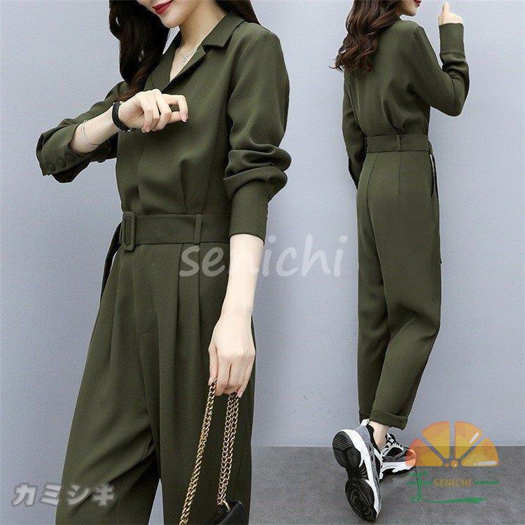 オールインワン ワンピース レディース 40代 きれいめ 春秋 長袖 上品 ロングパンツ Vネック 折り襟 大きいサイズ 韓国風 おしゃれ 通勤 着痩せ 可愛い OL 新品