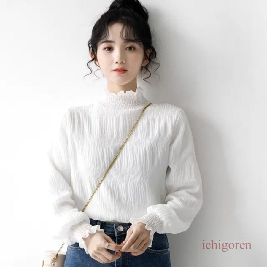 Tシャツ レディース インナー 無地 ハイネック 長袖 フリル襟 厚手 2typeあり トップス カジュアル 暖かい 着痩せ 可愛い 秋冬 おしゃれ