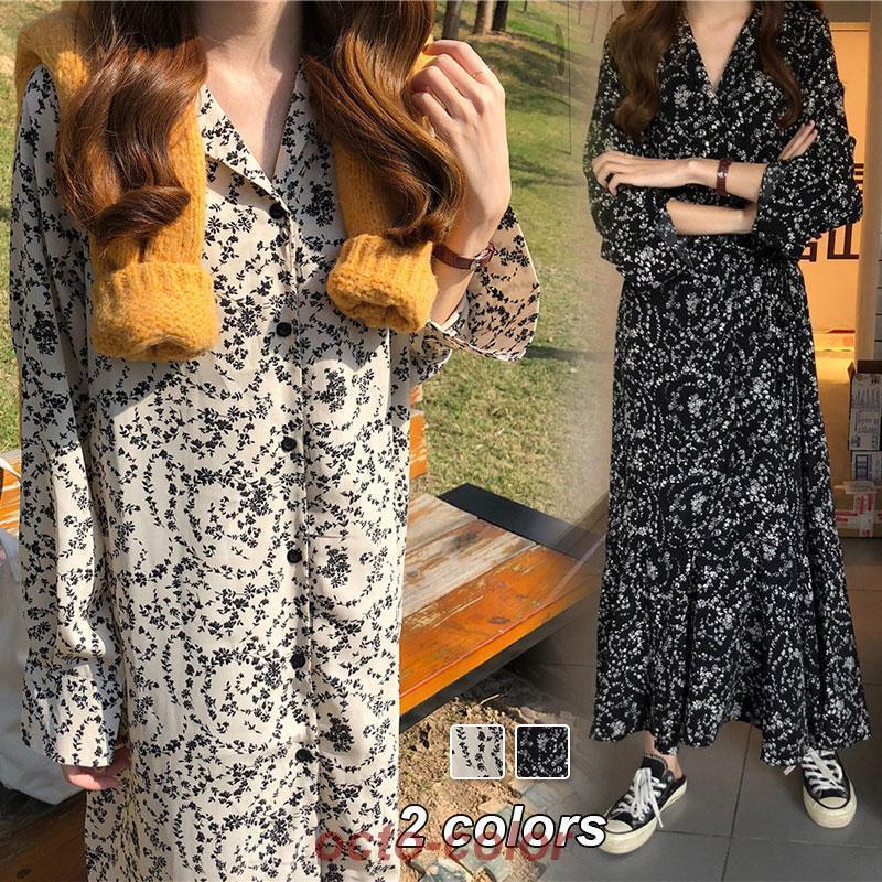 ワンピース レディース 40代 マキシンピース 春夏秋新作 きれいめ 長袖ワンピース 花柄vネック フレア..