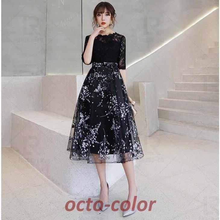 パーティードレス ミモレ丈 結婚式ドレス お呼ばれドレス ワンピース 二次会 ゲストドレス 袖あり 発表会 上品 ウェディングドレス 着痩せ