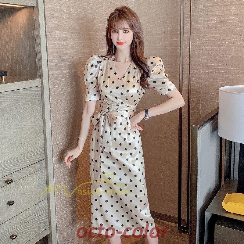 レディース ワンピース 半袖ワンピース ワンピース夏 着痩せ ロングワンピー ドット柄 20代30代40代 エレガント パーティードレス 二次会 ファッション 上品