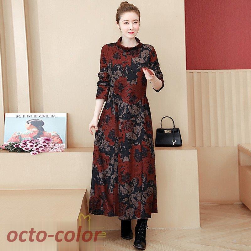 ワンピース ロングワンピース 着痩せ Aラインワンピース ロング丈 長袖ワンピース ワンピース 大きいサイズ 日常感 秋新作 レトロ風 通勤通学 きれいめ 気質