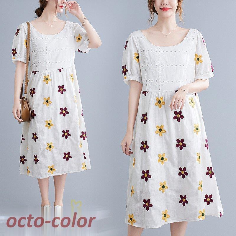 ワンピース レディース ミディアムワンピース Aラインワンピース ゆるワンピース 花柄 フラワー きれいめ Uネック 大きいサイズ 夏服 50代 40代 30代 20代 上品