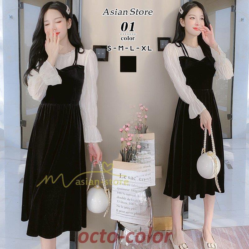 ワンピース レディース 春 きれいめ 韓国風 ロング丈 長袖 重ね着風 aライン 上品 着痩せ お洒落 大人 ..