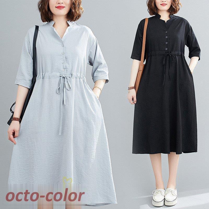 ミディアムワンピース レディース 膝丈 無地 サマーワンピース Aラインワンピース 5分袖 7分袖 カジュ..