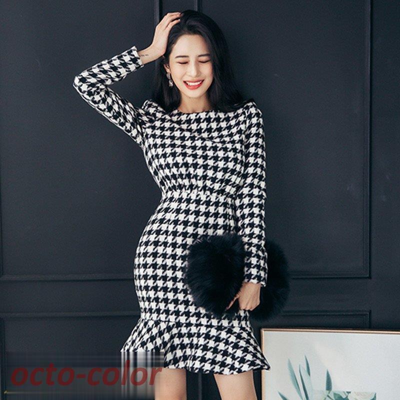 ワンピース ミニワンピース ヒップアップ タイトワンピース フリル 千鳥柄 ミニ 長袖 カジュアルワンピース タイト 春 秋 大きいサイズ 日常感 長袖ワンピース