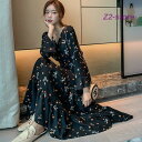 ロングワンピース 春秋シフォン レディース ワンピース花柄 黒着痩せ ロング丈 きれいめ フレア 上品 大人 通勤 OL 二次会 エレガント コーデ 30代 4...