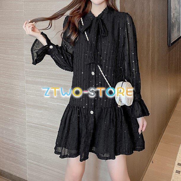 2色有り レディース ワンピース 長袖 ショート丈 ラウンドネック フリル ボウタイ リボン フレアスリーブ フィッシュテールドレス 無地 ハイウエスト Aライン ガ