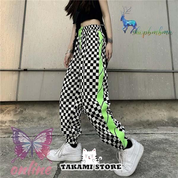 ジョガーパンツ ブロックチェック柄 サイドライン ネオンカラー ジャージパンツ ダンス 衣装 ヒップホップ コスチューム 韓国ファッション 個性的 服