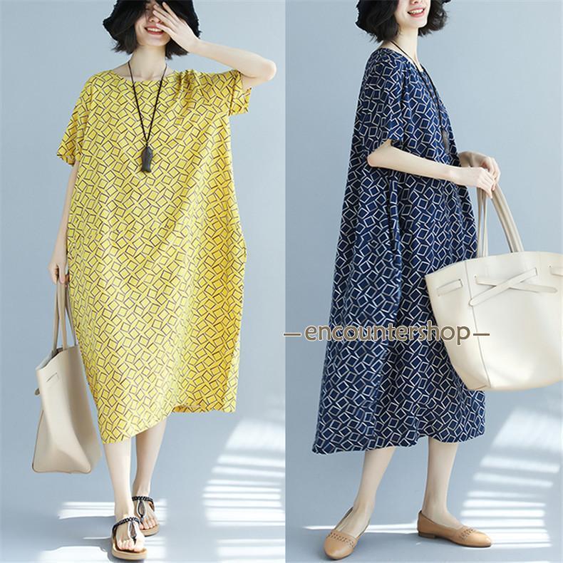 ワンピース 春夏 ロングワンピ レディース 夏 半袖 体型カバー Aライン フレア 綿 幾何柄 レトロ 新作 ..