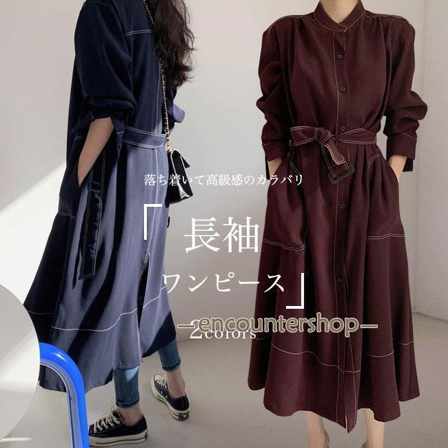 ワンピース 長袖 春 レディース ロングワンピ 高級感 通勤 長袖ワンピース 秋 ベルト付き ハイウエスト ドレス ミモレ丈 コート アウター トレンチ
