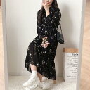 春 夏 シフォンワンピース 花柄 レディース ワンピース 長袖 春 ロングワンピ マキシ丈 花柄ワンピース シフォン ドレス 長袖ワンピース チュニック(4)