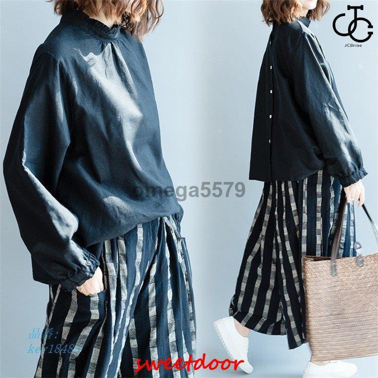 ブラウス レディース 長袖 無地 ドルマンスリーブ ゆったり シャツ トップス 綿麻 オーバーサイズ フリル オールシーズン オシャレ 大きいサイズ