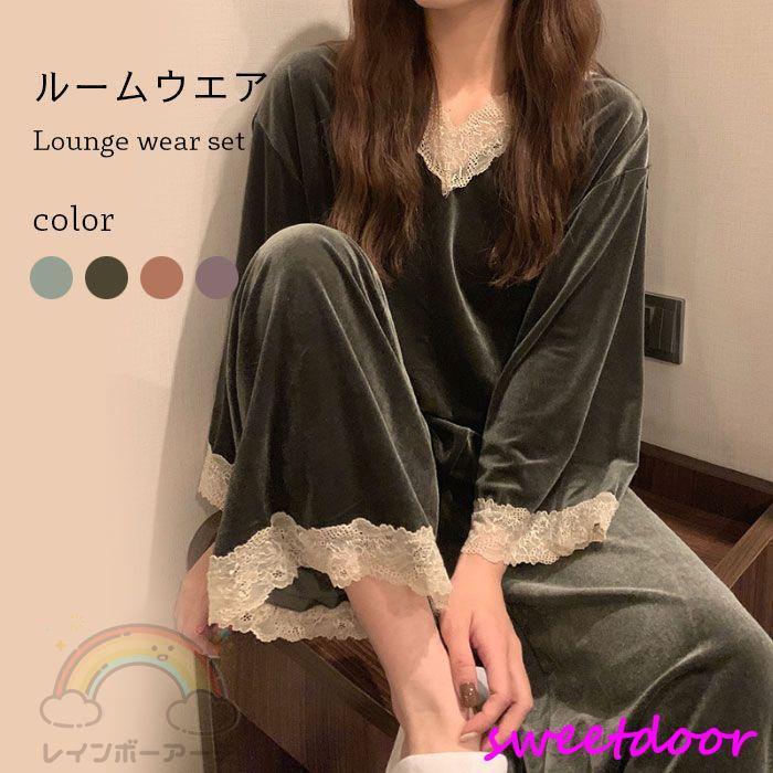 ゆったり楽チンレース付きベロアルームウエアセット 肌に優しくしなやかなさわり心地 選べるベーシックな4カラー展開が嬉しい パンツのウエスト部は楽チンゴム入り仕様となります 秋から春まで着られる肌触りが心地よいベロア素材? ●おすすめポイント 《1》春秋の季節にピッタリなルームウエア上下セット 《2》精巧なレースで切り替え、女性らしさをアピール 《3》ゆったりとしたシルエット、着心地楽チン ■カラー： 01　02　03　04 ■サイズ： トップス F【cm】着丈：67　バスト：110　袖丈： ボトムス F【cm】総丈：96　ヒップ：104 ■生産：中国製 上記サイズ表はスタッフが採寸し、製品の実寸を掲載しております。製品ごとに公開サイズと多少の誤差が生じる場合がございますので、予め御了承くださいませ。 ※サイトに掲載されている商品は、お客様のモニター環境等により、実際の物と素材感?