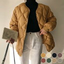 キルティングジャケット レディース 秋 冬 アウター 長袖 オーバーサイズ ノーカラー ミディアム丈 お洒落