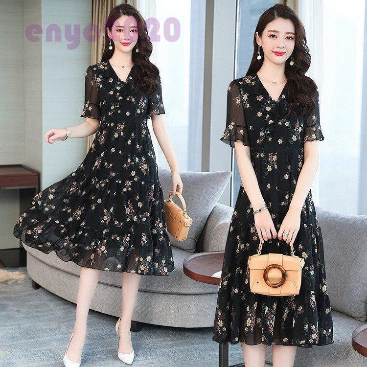 ワンピース レディース 夏 膝丈ワンピース きれいめ 花柄ワンピース シフォン 五分袖 vネック シフォンワンピース 着痩せ パフスリーブ 上品