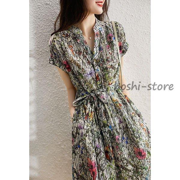 ワンピース レディース 40代 きれいめ 夏 花柄ワンピース Vネック ロングワンピース チュニック 花柄 ..