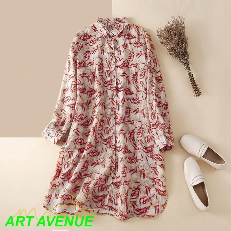 シャツ レディース ワンピース 花柄 春 夏 秋 シャツワンピース ロングシャツ きれいめ リネン 20代30代 麻混 大きいサイズ ゆったり 体型カバー 40代50代