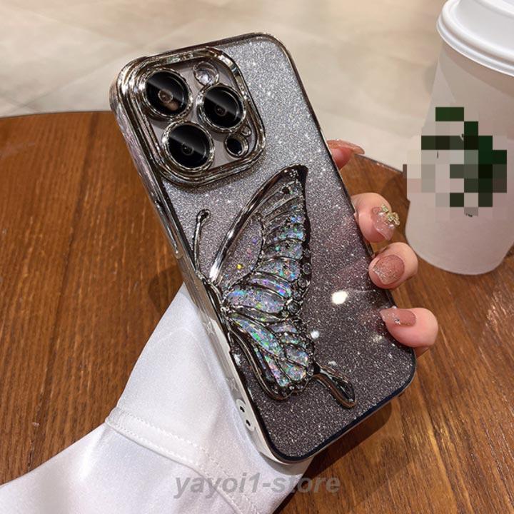iPhoneケース ラメ 3D 蝶 iphone15ケース スマホケース アイフォンケース アイフォン15ケース シルバー ピンク ゴールド パープル レンズ保護 韓国 ほかと被ら