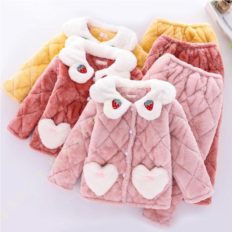 前開き パジャマ キッズ 長袖 ルームウェア 部屋着 寝間着 2点セット 子供服 男の子 女の子 フランネルパジャマ あたたかい 子供パジャマ 上下セット いちご
