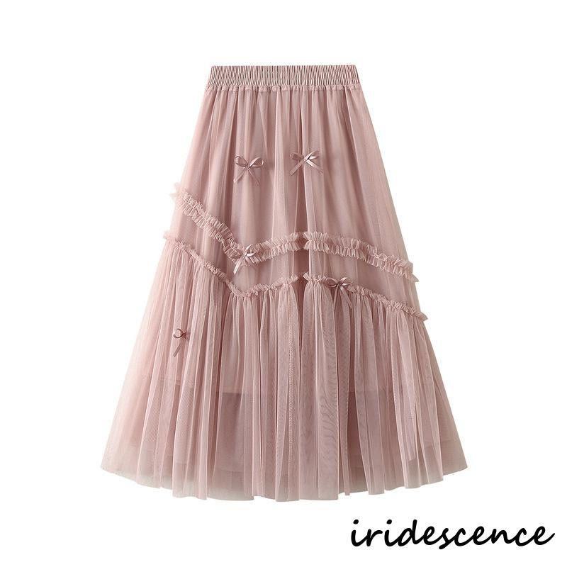 4色 レース リボン 可愛い　スカート レディース 夏 春コーデ ウエストゴム ミモレ丈 オシャレ ボトム..