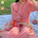 春 夏 ワンピース 体型カバー レディース 7分丈袖ワンピース ギャザー ロングワンピ ゆったり 無地 マキシ丈ワンピース サマーワンピース レトロ 姫系(4)