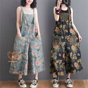サロペット レディース オールインワン デニムワイドパンツ ロング丈 春 夏 ゆったり 花柄 総柄 体型カバー 大きいサイズ カジュアル 可愛い(4)
