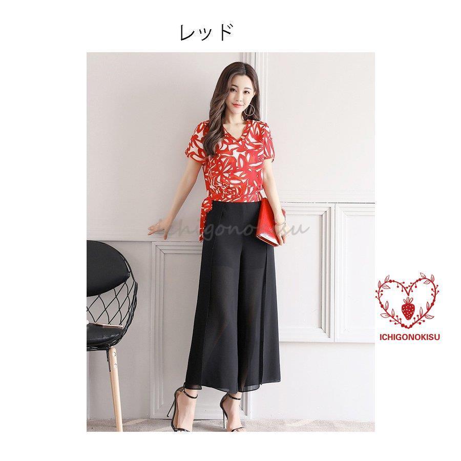 セットアップ スパンツ レデイース 夏 シフォンブラウス 半袖 tシャツ Aラインスカート お洒落 きれいめ 着痩せ 通勤 二次会 30 40代 2点セット セットアップ