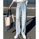 ワイド デニムパンツ ダメージ加工脚長