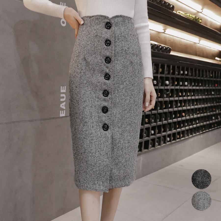 素材：綿65％ポリエステル35％カラー：グレー/ブラックサイズ：S/M/L/XL/XXL着丈：約66/67/68/69/70cmウエスト：約60/64/68/72/76cmヒップ：約82/86/90/94/98cm裏地：あり伸縮性：なし透け感：なし生産国：中国フロントボタン レディース 韓国 ハイウエストタイトスカート 着やせ ミモレ丈スカート 大人きれいめボトムス お洒落無地フロントボタン全開式のハイウエストミモレ丈ツイードスカート大人に穿けるひざ丈×ペンシルシルエットでエレガントな雰囲気にタイトスカートは今季トレンドのスタイリングには欠かせないアイテム