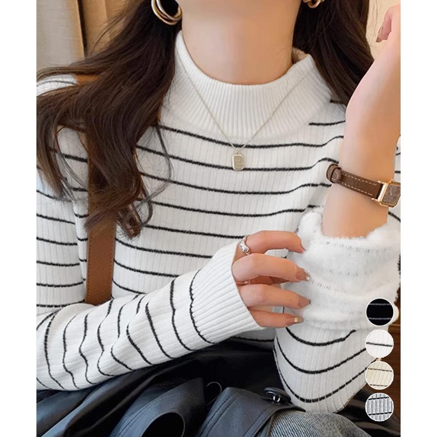 素材：ポリエステル75%+アクリル25%カラー：ブラック/ホワイト/アイボリー/グレーサイズ：ワンサイズ着丈:約53cm 肩幅:約33cm 袖丈:約55cm ゆき:約71.5 cm 身幅:約38cm 胸囲:約76-100cm裏地：なし伸縮性：あり透け感：なし生産国：中国レディース 暖かいニットインナー プチハイネック ニットトップス 保温防寒 韓国風ニットプルオーバー あったか やわらかもっちりと柔らかな微起毛素材で、着た瞬間から暖かさを感じるニットトップス。ハイネックデザインが首元をしっかりカバーし、寒い季節にぴったりです。袖口と裾にはリブが施されており、フィット感を高めながらシルエットを引き締めます。カジュアルすぎないクラシックな細ボーダー柄が特徴で、どんなスタイルにも合わせやすい万能デザインです。