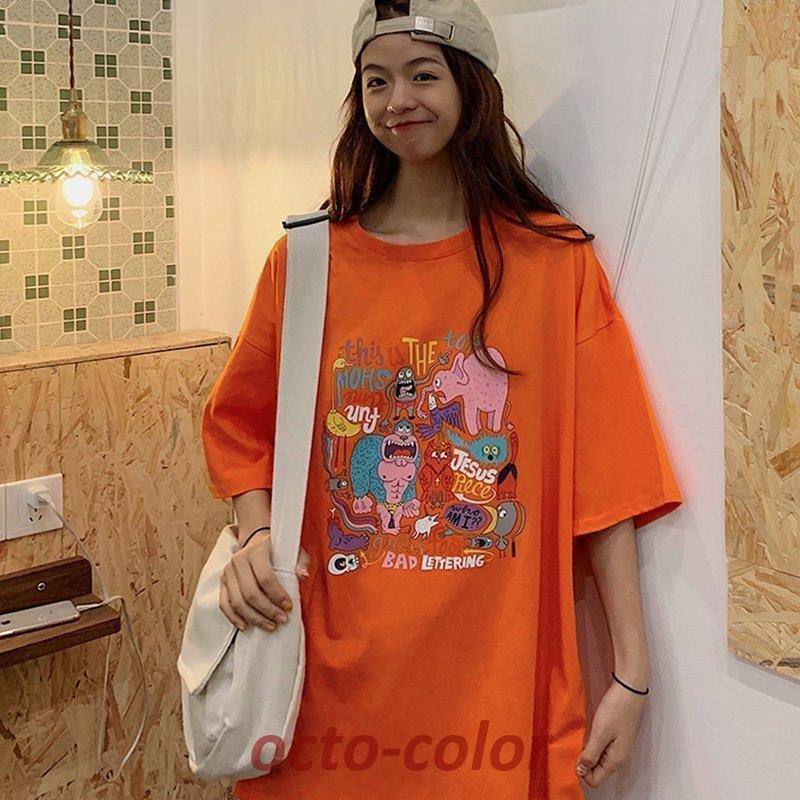 Tシャツ レディース 可愛い 落書き 半袖 夏 ゆるい トップス 韓国ファッション 原宿系 BF風 ヒップホッ..