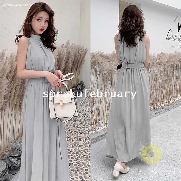 リゾートワンピ パーティドレス レディース 夏 ワンピース ロング丈 マキシ丈 ノースリーブ シフォン 涼しい ベルト フレア ホルターネック 結婚式