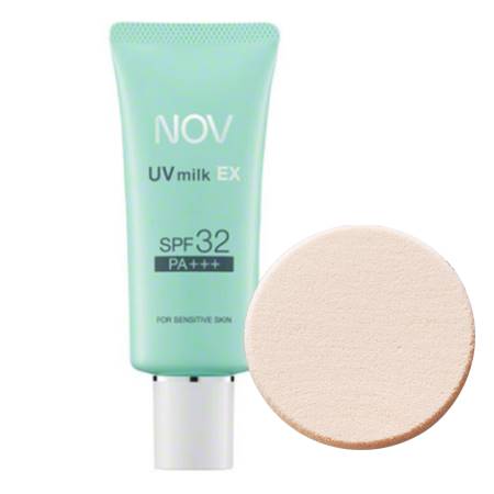 ノブ 日焼け止め 送料込 3個セット メイクスポンジプレゼントノブ UVミルクEX(SPF32/PA+++)(35g)＜4934651579034＞