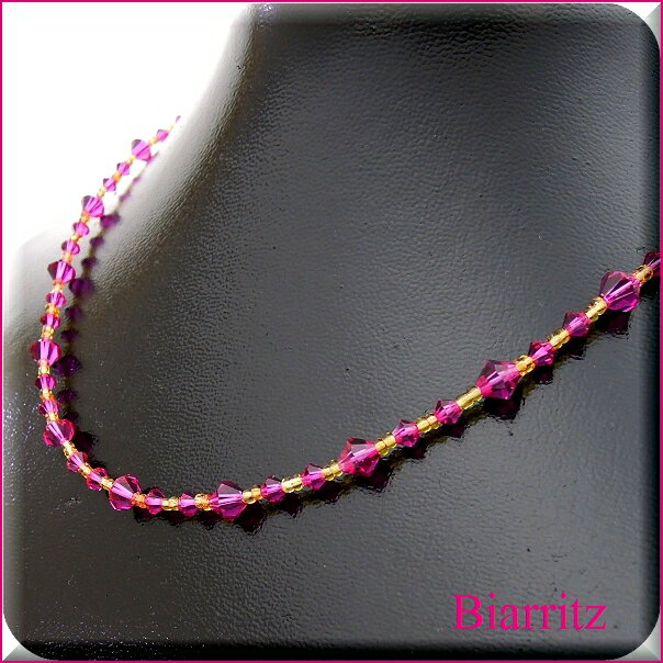 送料無料 ! スワロフスキー クリスタルビーズ ネックレス 【ピンク フーシャ】ギフト プレゼント にもビアリッツ