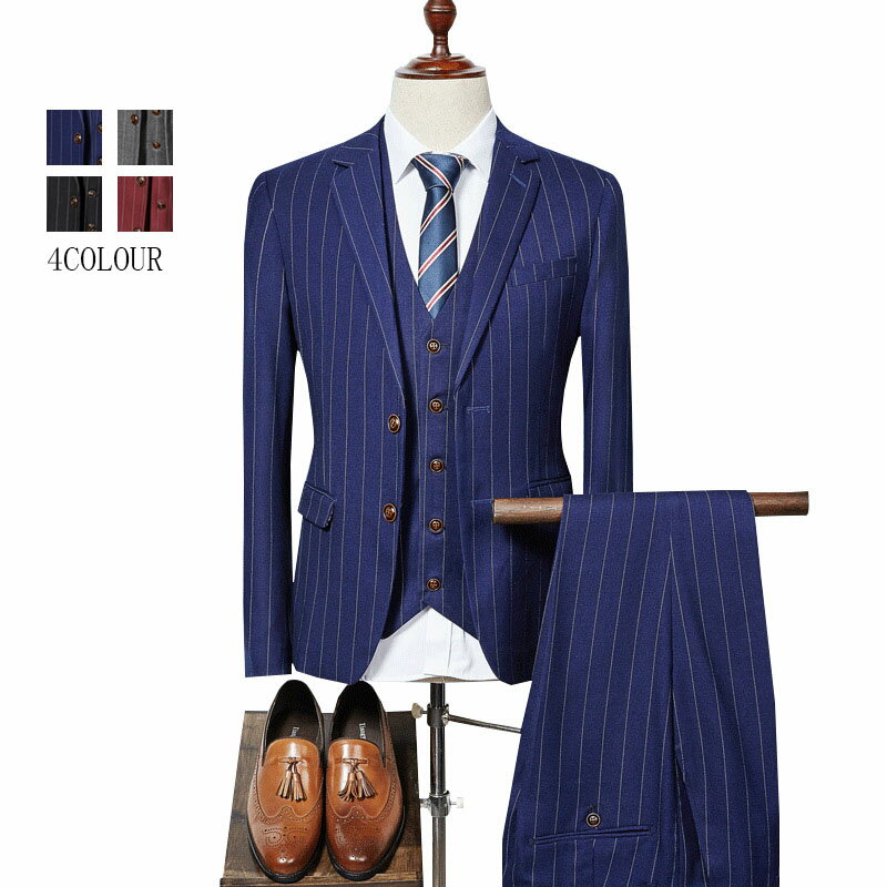 送料無料メンズ スーツ スリーピース スーツ メンズ 秋冬 ビジネススーツ スリムスーツ カジュアル フォーマル セットアップ スタイリッシュ 細身 オフィス 通勤 結婚式 二次会 成人式 ストライプ柄 ブラック グレー ネイビー ワイン赤 3点セット S M L XL 2XL 3XL 4XL
