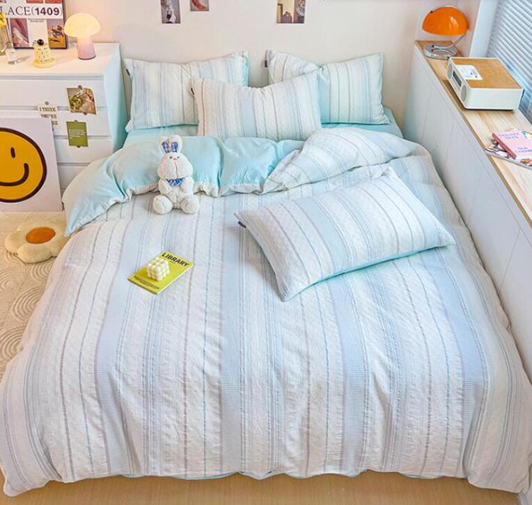送料無料 布団カバーセット ins風 ストライプ ブルー/ピンク 綿100％ シングル ダブル クイーン ボック..