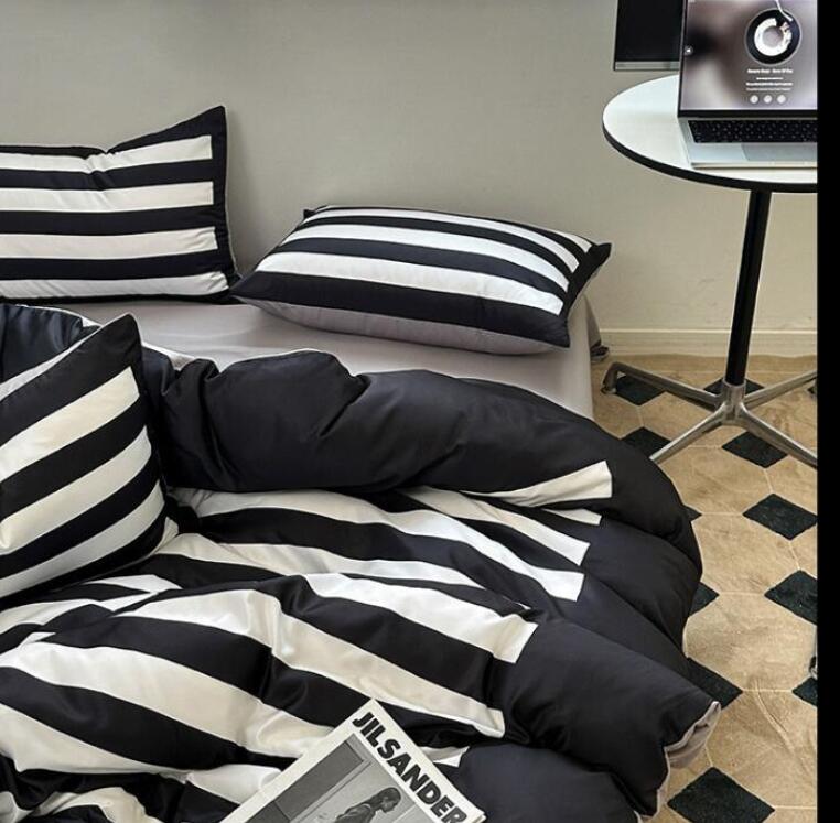 送料無料 涼感 布団カバーセット 春夏 柔らかい ストライプ柄 ボーダー 黒白 モダン ins風 シングル ダ..