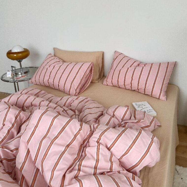 ins風 北欧 ストライプ柄 枕カバー 寝具カバーセット 送料無料 布団カバーセット ピンク 綿100％ ボックスシーツ/フラットシーツ シングル ダブル クイーン 掛ふとんカバー3点セット 4点セット 柔らかい 優しい肌触り 掛け布団カバー ゴムバンド 四季通用★激安★セール