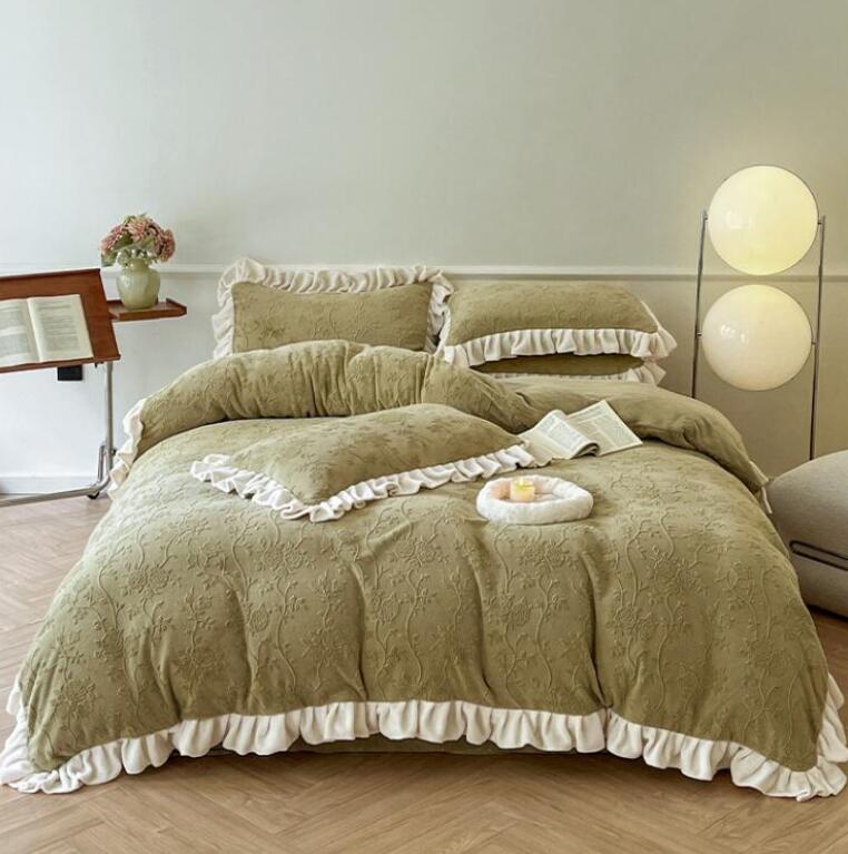 枕カバー 秋冬 寝具カバーセット 送料無料 布団カバーセット 4点セット 薔薇柄 レトロ 可愛い 可愛い花柄・フリル ダブル クイーン フランネル ふわふわ 暖かい 掛け布団カバー フラットシーツ/ボックスシーツ 柔らか 防寒対策 静電気防止 グリーン 結婚祝い★激安★セール