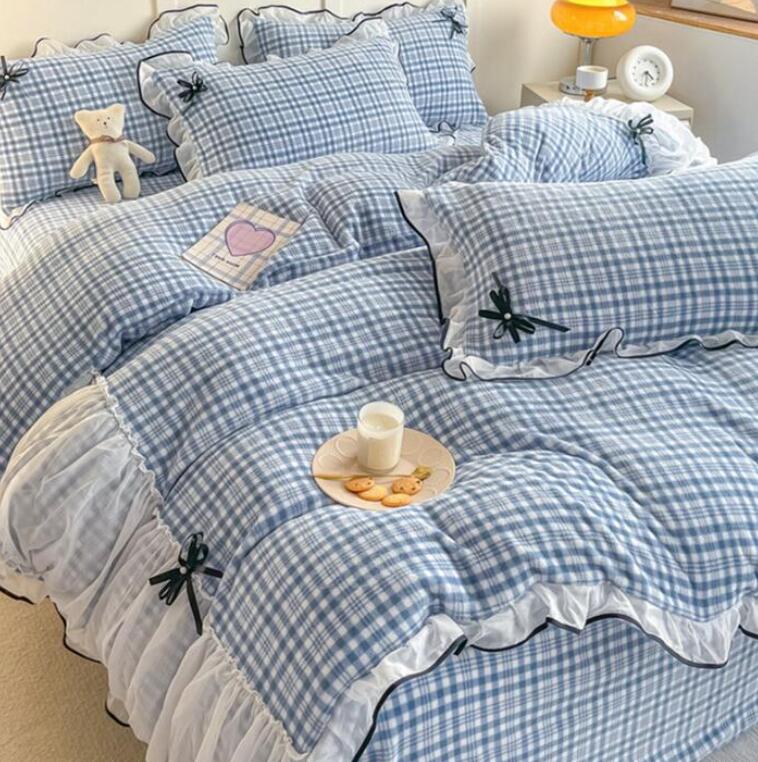 送料無料 布団カバーセット 秋冬 ふわふわ 暖かい 4点セット ダブル クイーン 姫系 チェック柄 リボン ..
