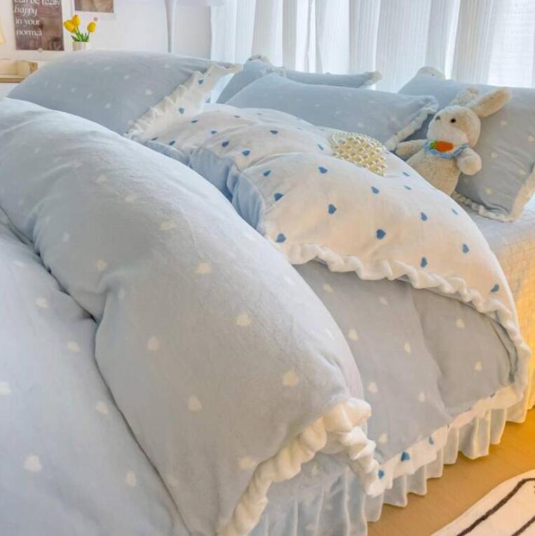 厚手 暖かい フランネル 送料無料 布団カバーセット 可愛いフリル ハート柄 秋冬 ふわふわ シングル ダ..